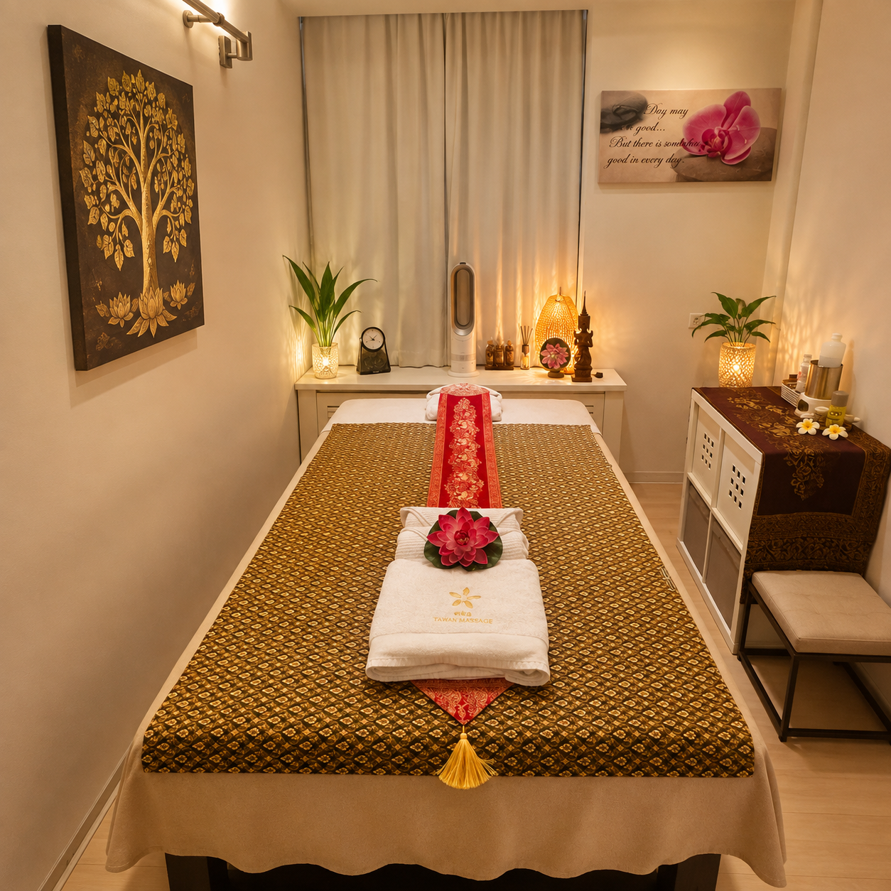 Sfeervolle behandelkamer met Thaise decoratie